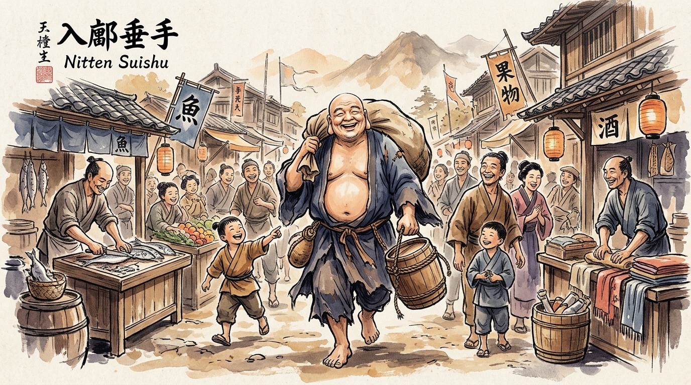 The Tenth Ox-Herding Picture: Entering the Marketplace with Helping Hands (Nitten Suishu) — The Barefoot Sage with Wine Gourd Radiating Joy in the Marketplace