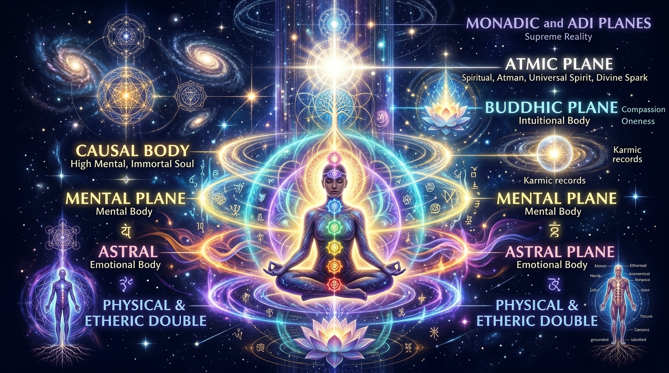 Infographic illustrating the multi-layered subtle bodies and cosmic planes of Theosophy